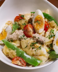 Deviled Egg Pasta Salad white bowl 