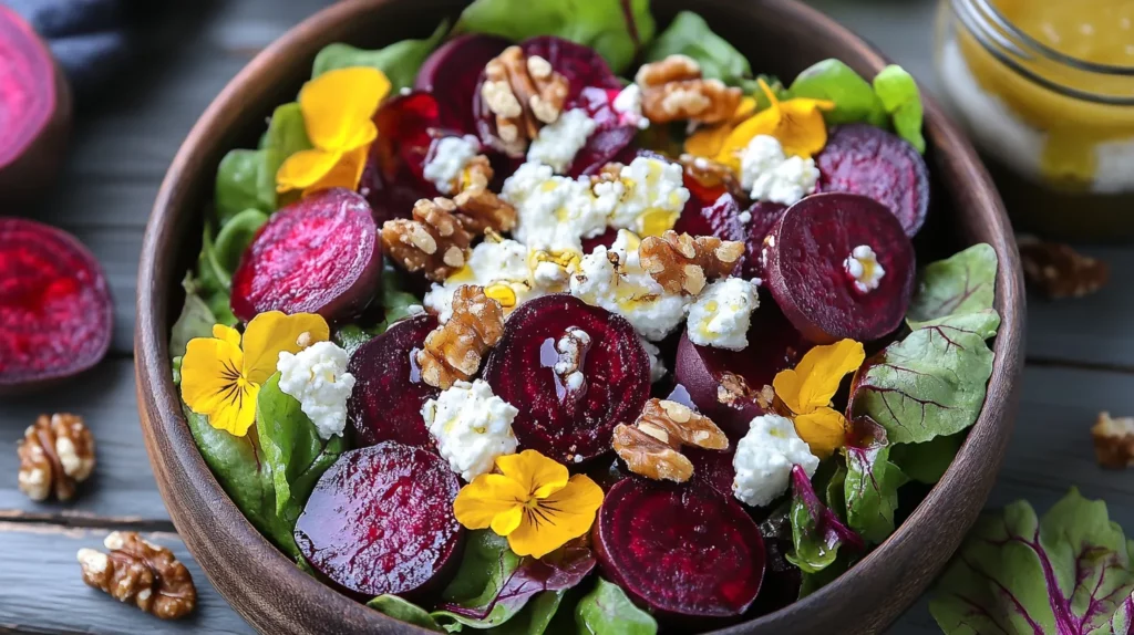 Vibrant Roasted Beet Salad with Creamy Goat Cheese Crunchy Walnuts and a Sweet Honey-Dijon Vinaigrette 2 Roasted Beet Salad with Creamy Goat Cheese