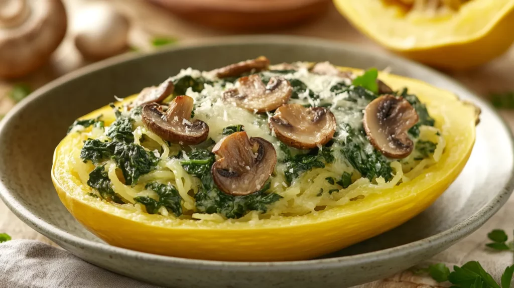 Spinach and Mushroom Stuffed Spaghetti Squash