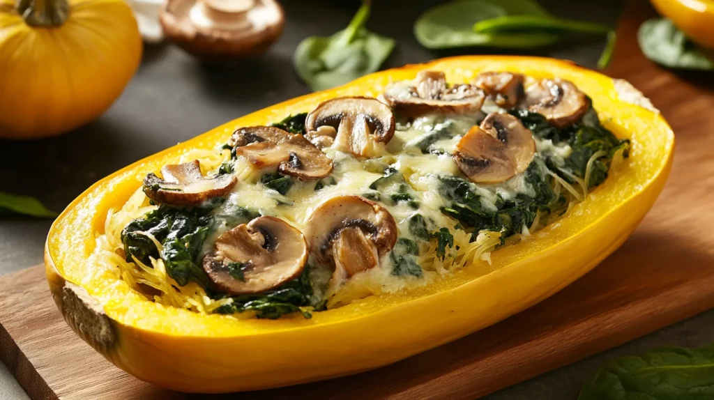 Spinach and Mushroom Stuffed Spaghetti Squash