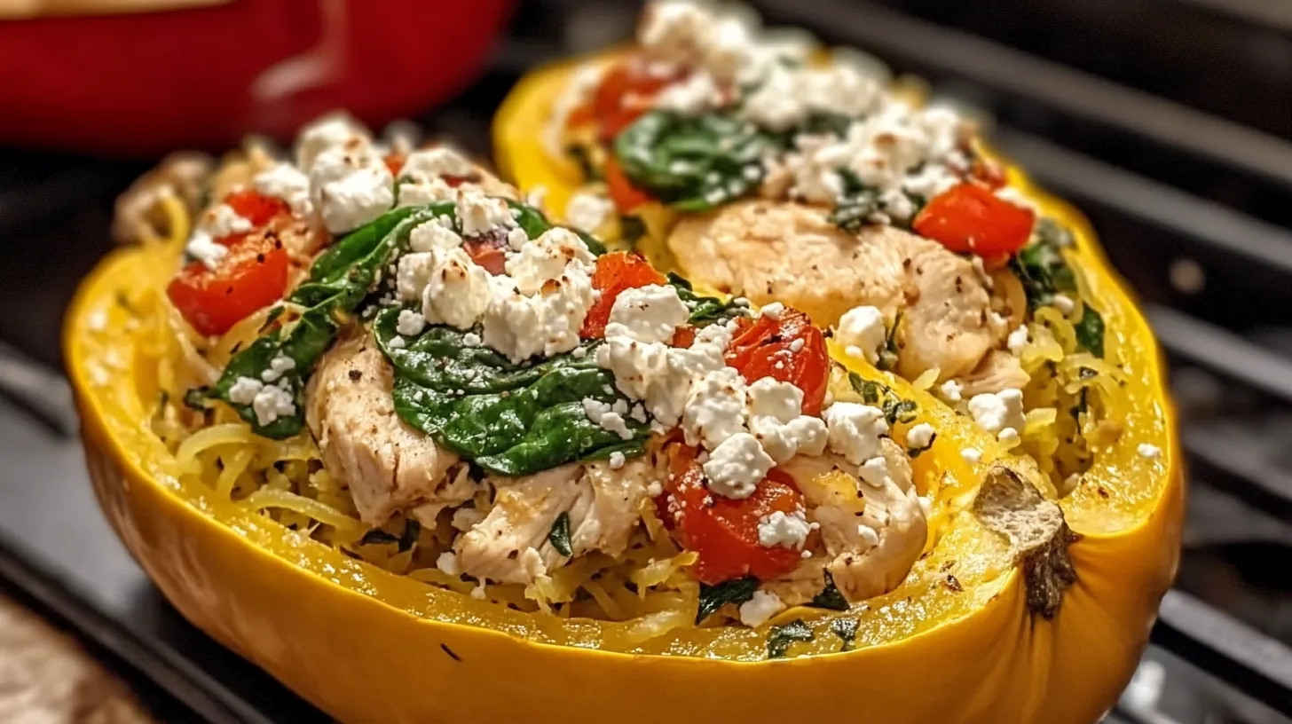 Stuffed Spaghetti Squash with Chicken Spinach and Feta