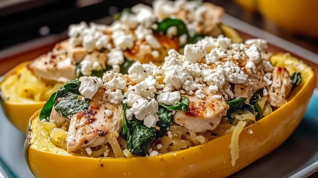 Stuffed Spaghetti Squash with Chicken Spinach and Feta