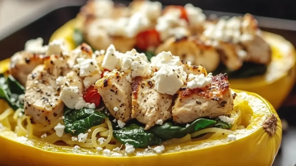 Stuffed Spaghetti Squash with Chicken Spinach and Feta