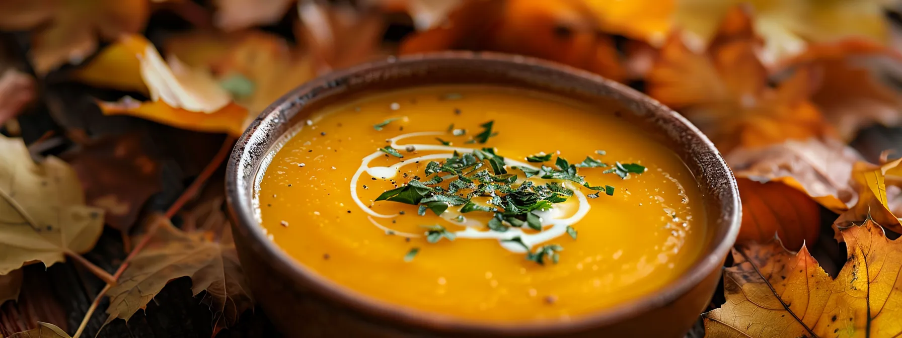 a smooth, creamy orange soup in a rustic bowl, garnished with a sprinkle of fresh herbs and a swirl of cream, set against a backdrop of fallen leaves and pumpkins.
