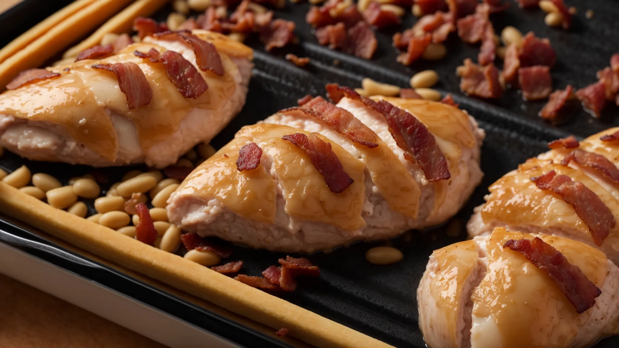seasoned chicken breasts being carefully stuffed and assembled with bacon and beans before being placed in the oven for cooking.