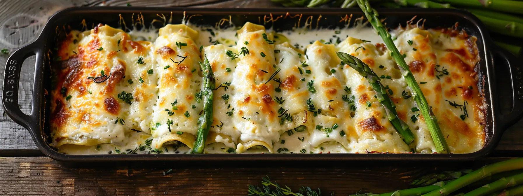 a tray filled with perfectly rolled lasagna alfredo roll ups, topped with a golden layer of melted cheese and surrounded by vibrant green asparagus spears.