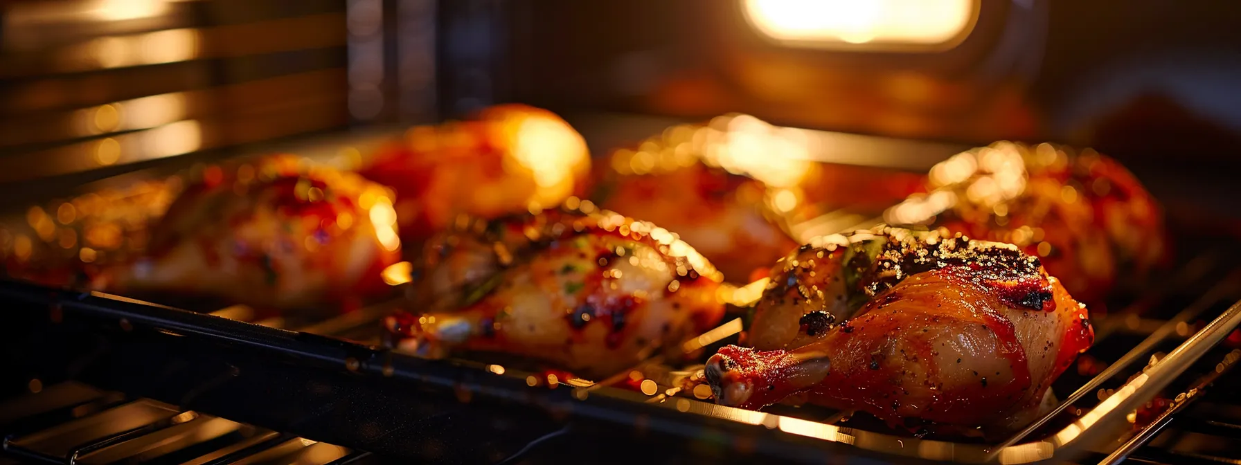 a deliciously glazed chicken sizzling on a baking tray in the oven.