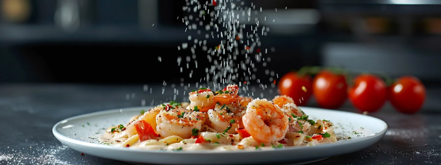 a plate of peppered shrimp alfredo being delicately sprinkled with fresh tomatoes.