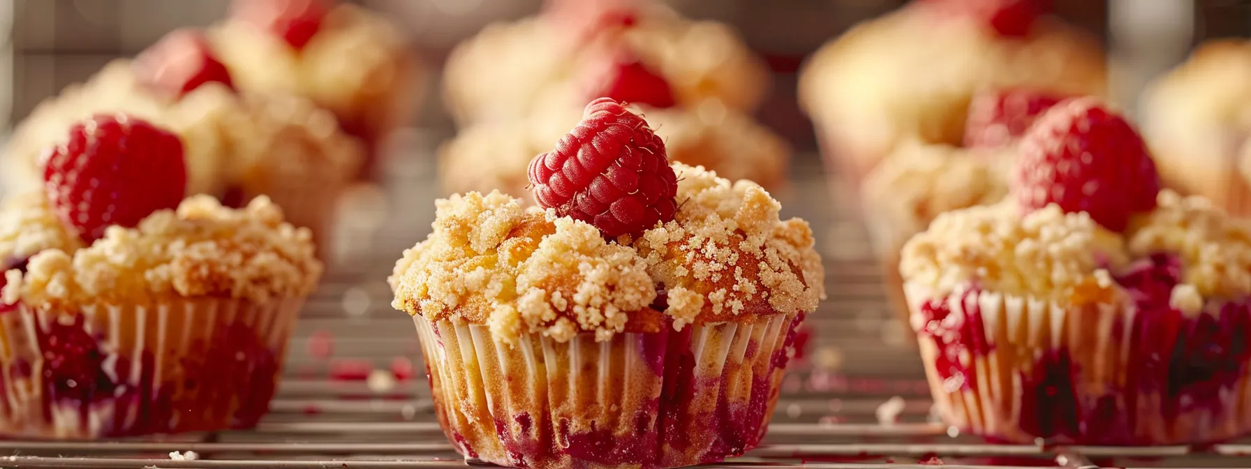freshly baked raspberry muffins with a golden crumb topping cooling on a wire rack.