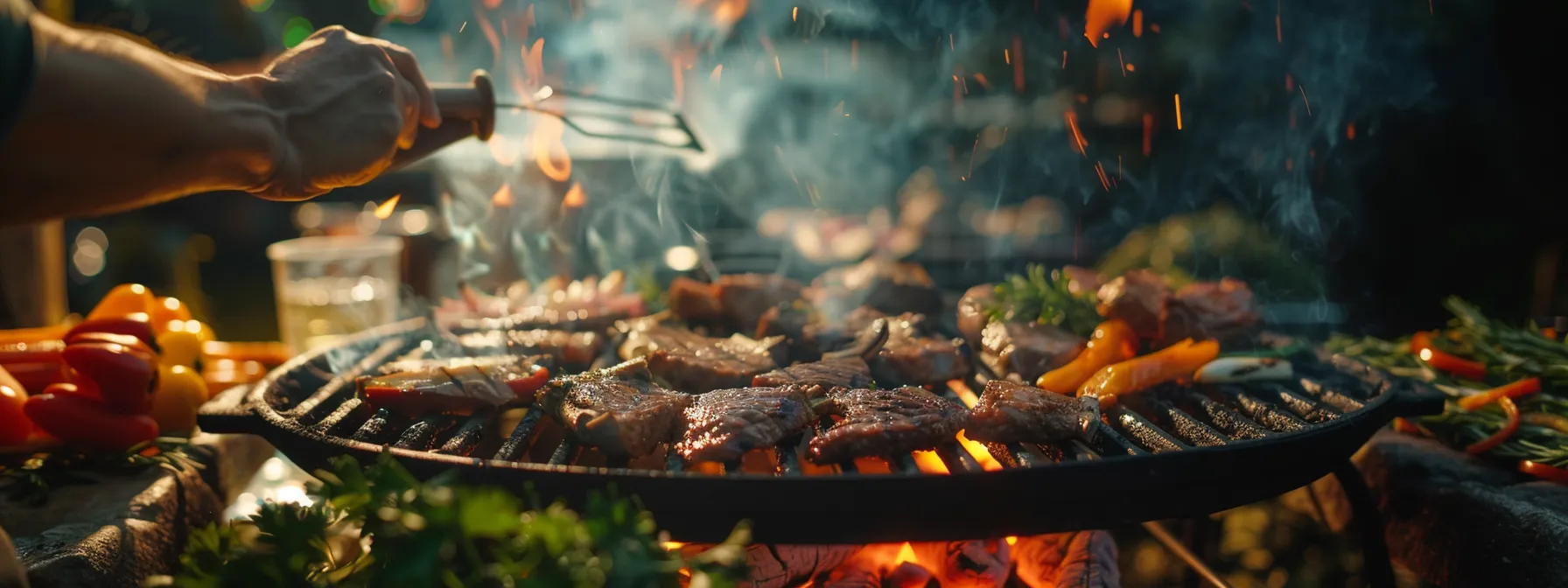 a person grilling a variety of meats and vegetables on a barbecue grill.