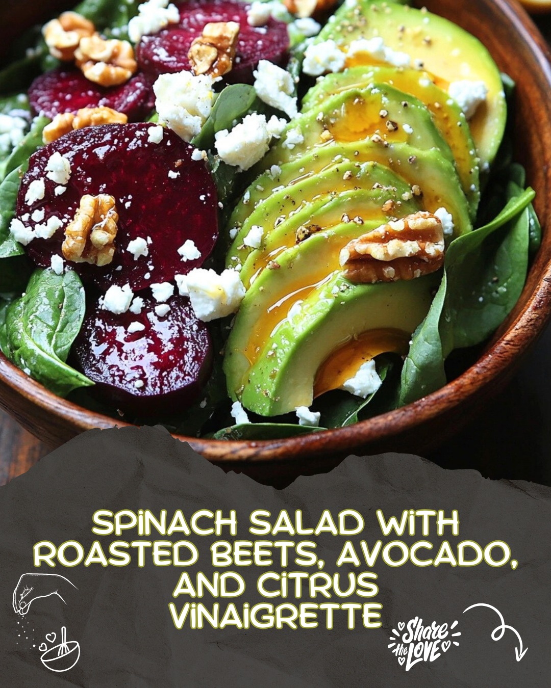 Spinach Salad with Roasted Beets, Avocado, and Citrus Vinaigrette