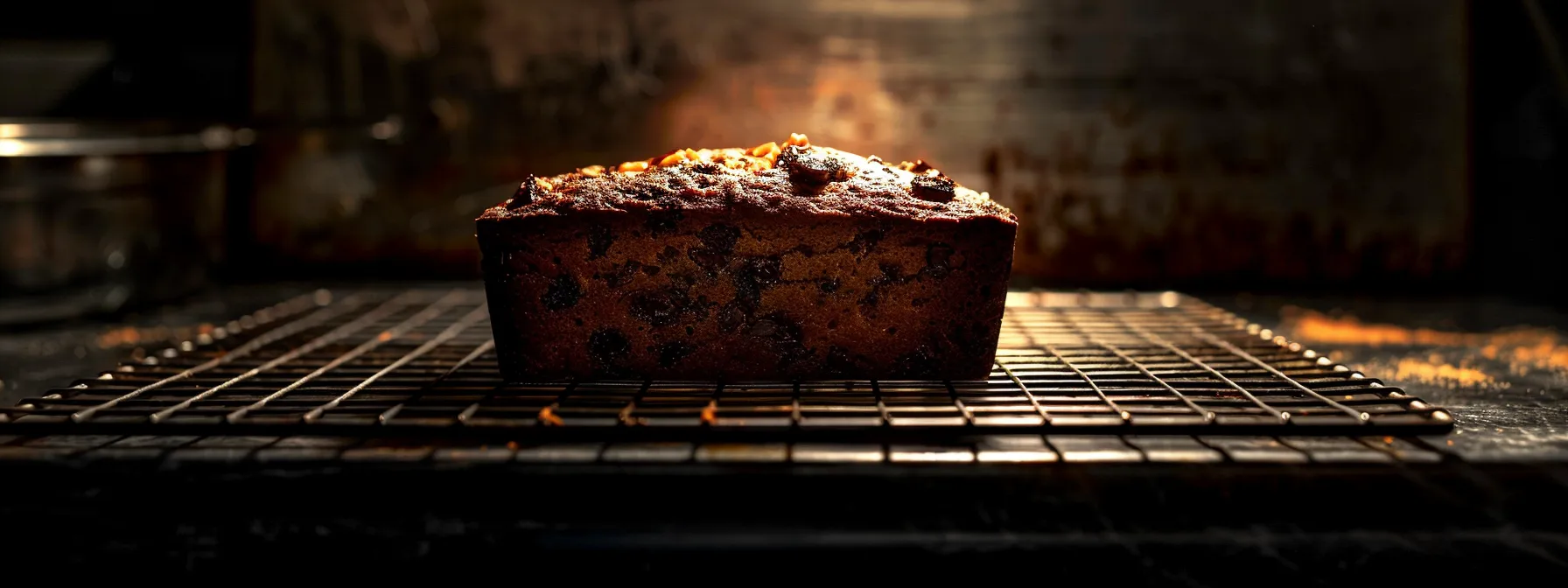 a freshly baked loaf of chocolate chip banana nut bread cooling on a wire rack.