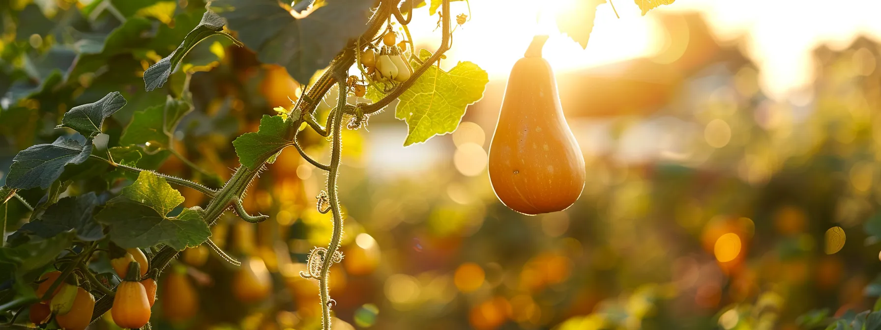 a vibrant butternut squash hanging from a healthy, lively vine in a sunlit garden.