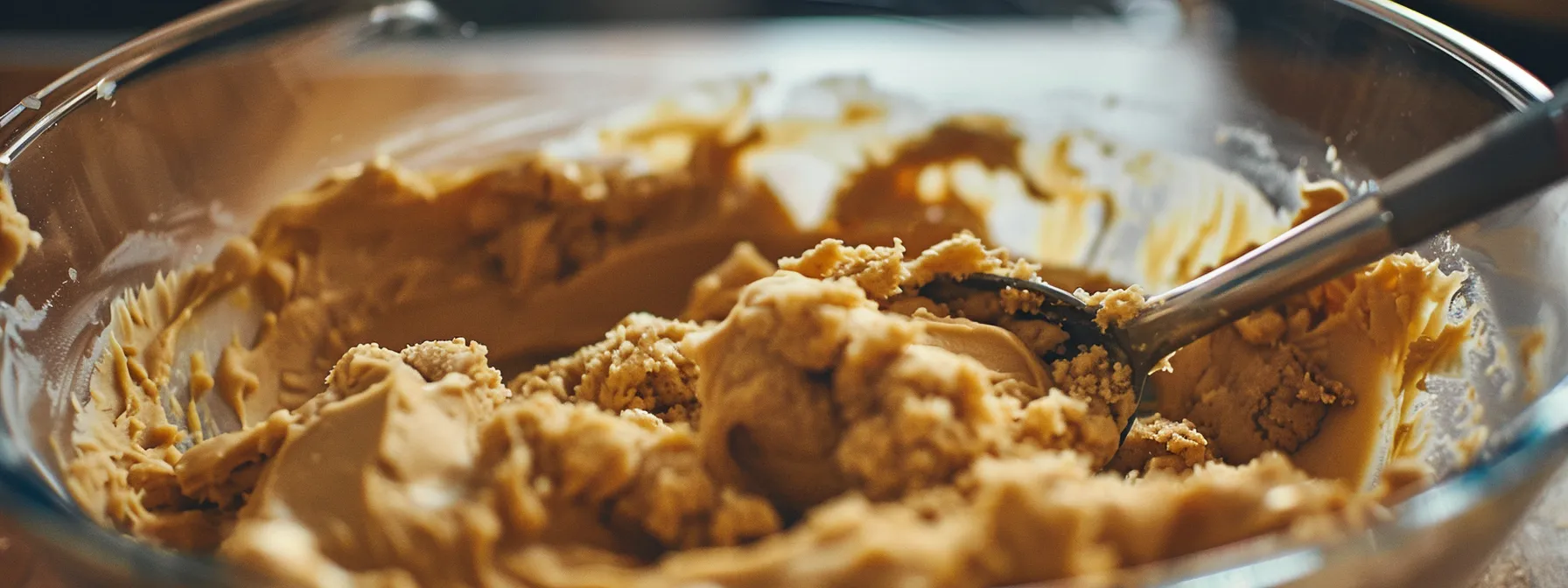 delicious peanut butter cookie dough being carefully mixed in a bowl.