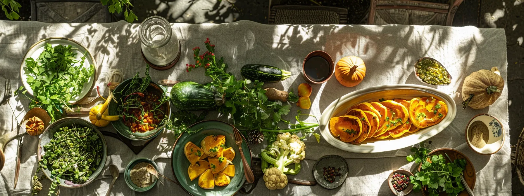 a table with various dishes made with coquina squash, surrounded by fresh herbs and spices.