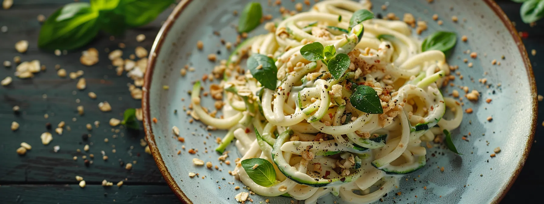 a plate of spiralized zucchini noodles topped with a creamy alfredo sauce and toasted oat flakes.