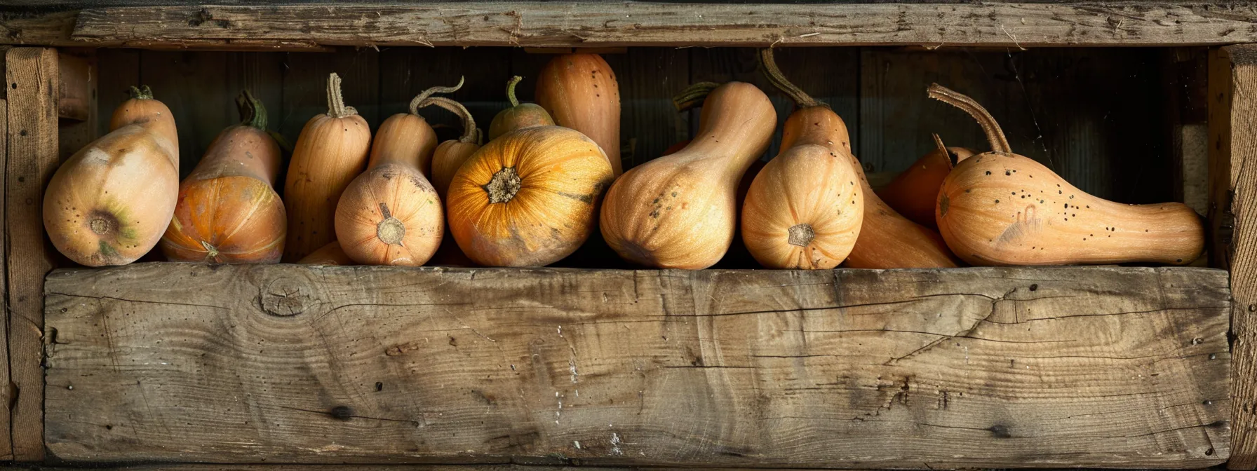a pile of butternut squash lined up neatly in a rustic wooden crate, ready for post-harvest care.