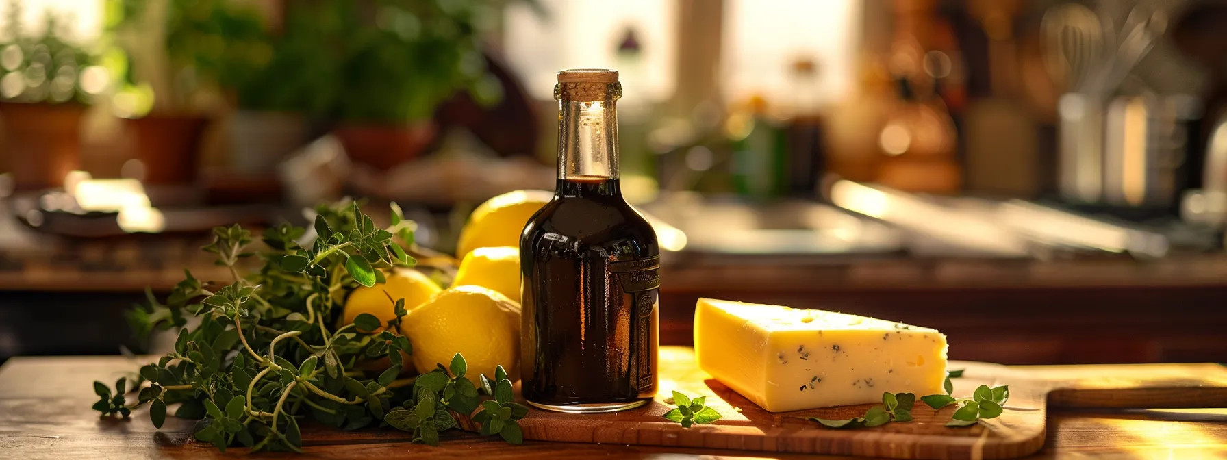 a balsamic vinegar bottle, a bundle of fresh oregano, a juicy lemon, and a block of cheese on a kitchen counter.