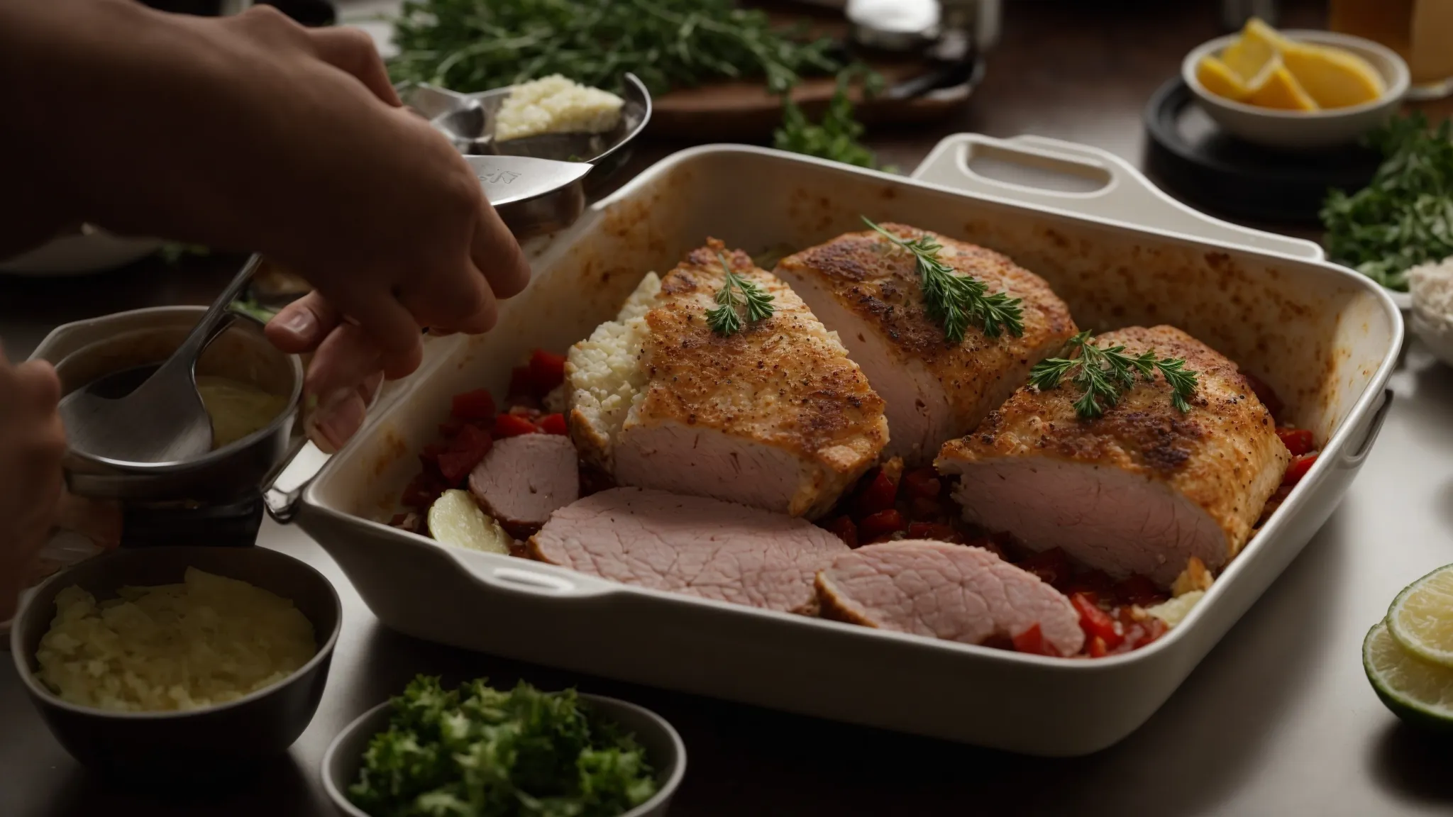 gently coaxing the meat to create a pocket for stuffing the chicken breast.
