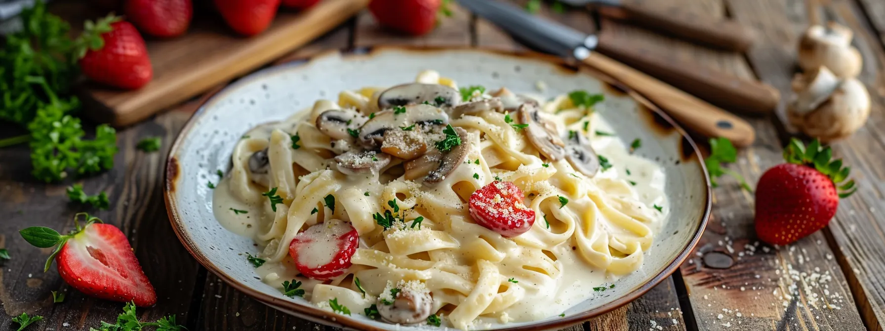 a plate of mostaccioli pasta with creamy alfredo sauce, sautéed mushrooms, ripe strawberries, and cracked huevo set on a rustic wooden table.