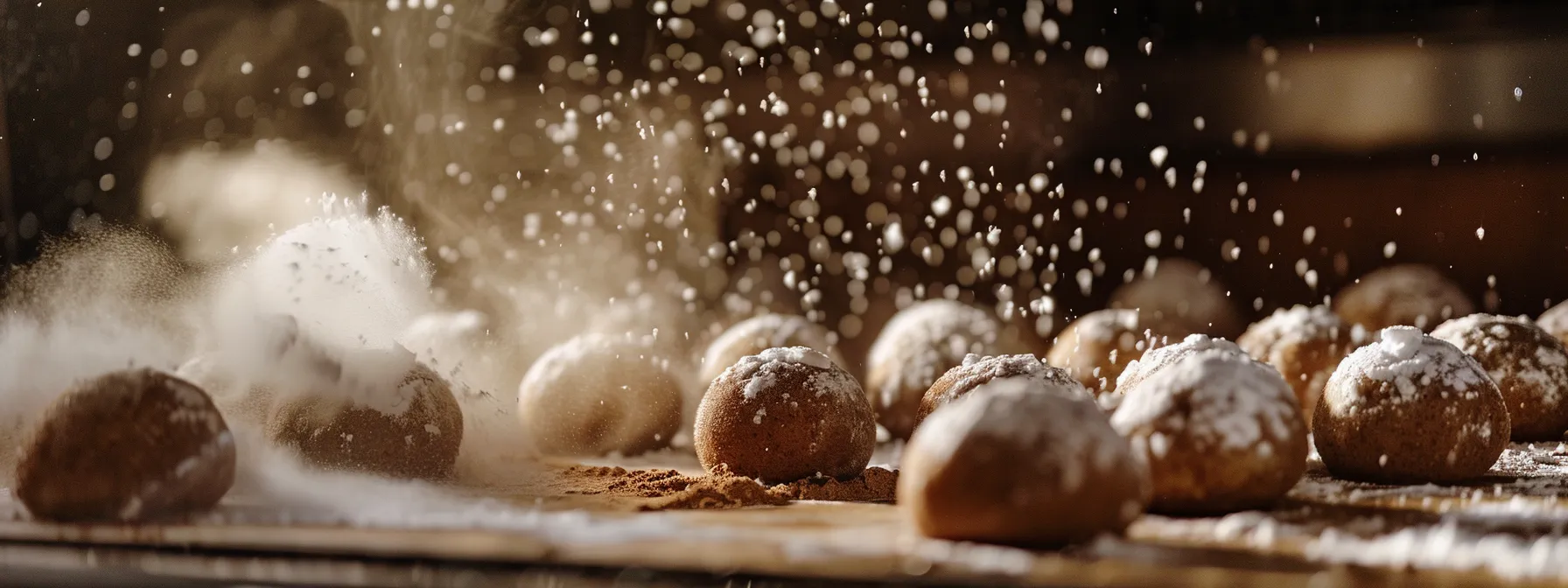 a baker rolling spiced dough balls in sugar and cinnamon mix before placing them on a baking sheet.