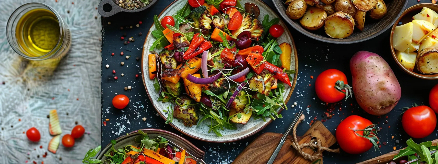 a plate filled with colorful salads, roasted vegetables, and delicious potatoes.