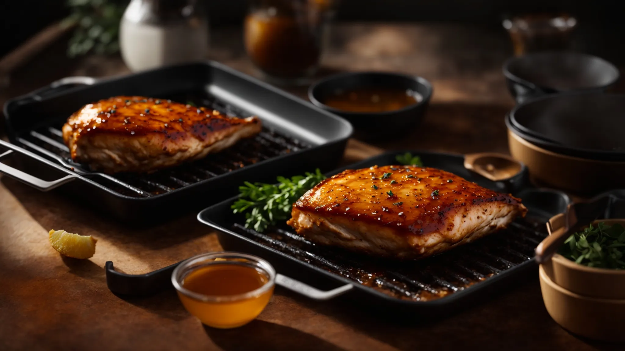 a deliciously glazed chicken breast sizzling on a hot baking tray.