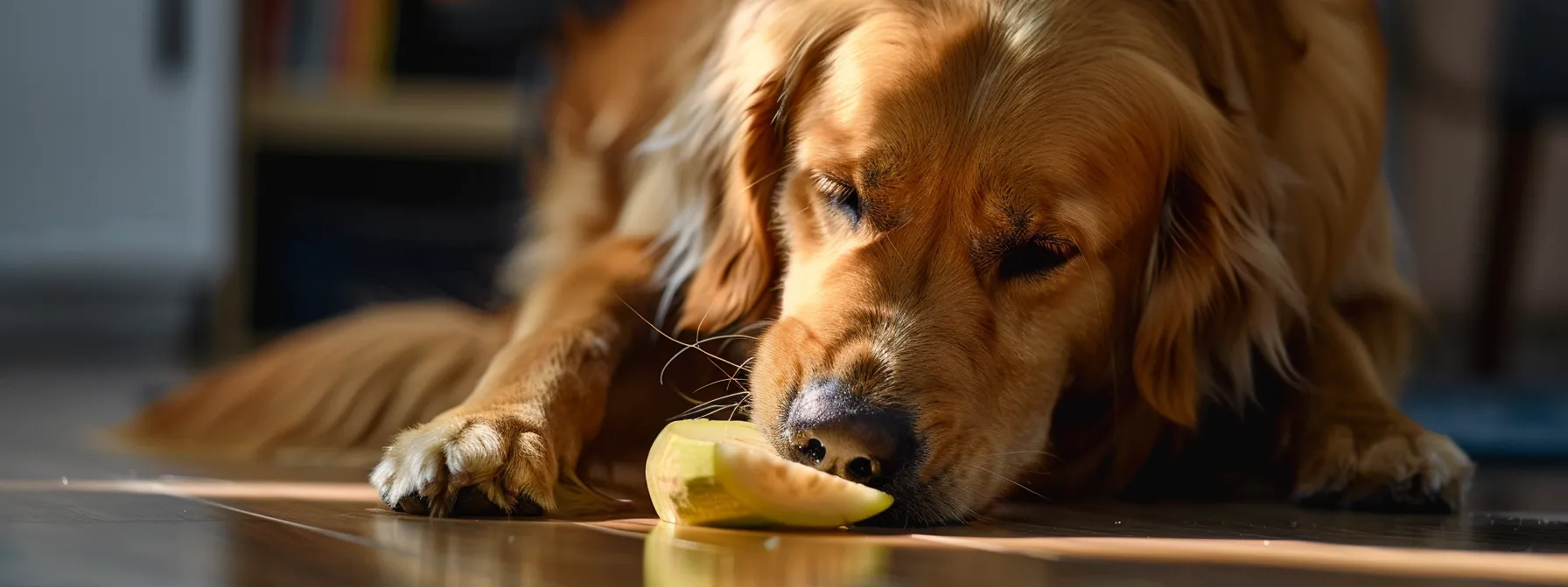 a dog happily eating a small slice of zucchini as a healthy snack.