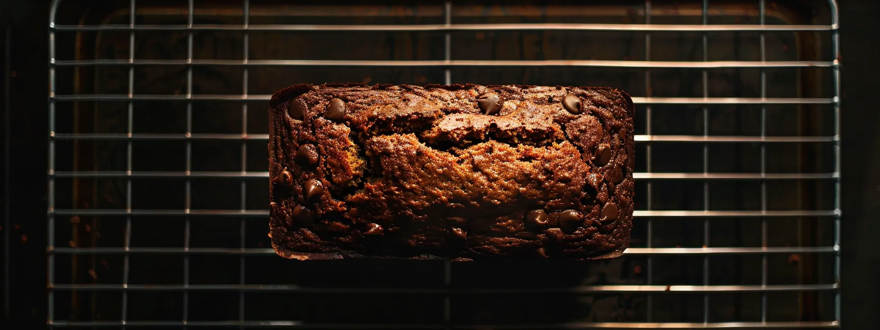 a freshly baked loaf of chocolate chip zucchini bread on a cooling rack.