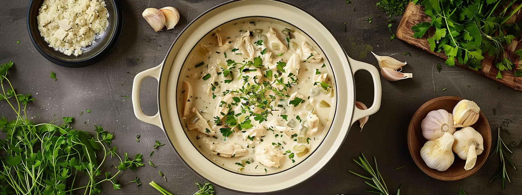 a slow cooker simmering with creamy italian chicken alfredo, surrounded by fresh herbs and dairy ingredients.
