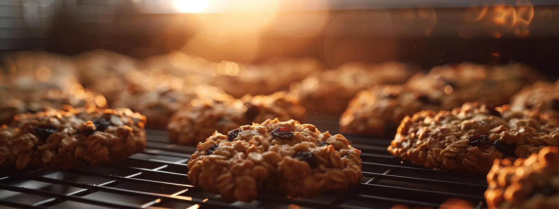 a close-up shot of a batch of freshly baked oatmeal raisin cookies cooling on a wire rack.