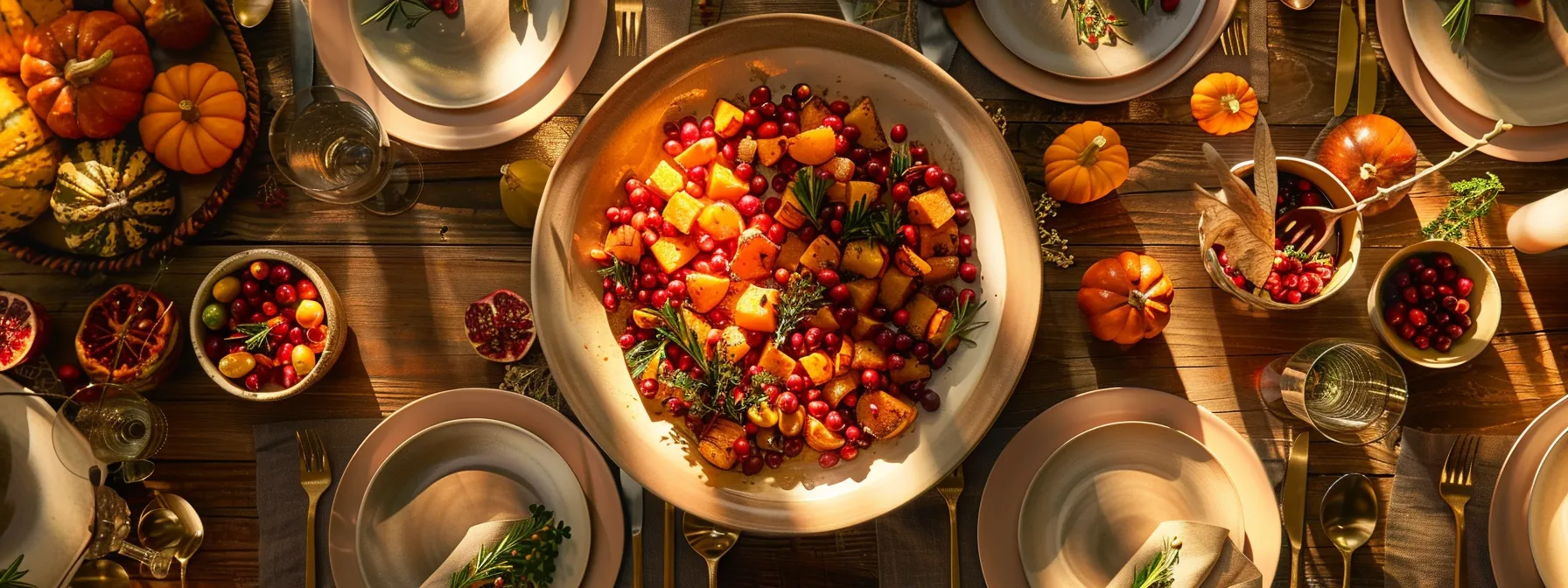 a beautiful thanksgiving table spread with a colorful dish of roasted butternut squash and cranberries drizzled with maple glaze.