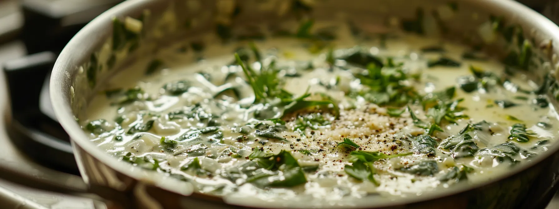 a pot of creamy spinach alfredo sauce simmering on the stove, with a hint of nutmeg sprinkled on top, creating a rich and savory aroma.