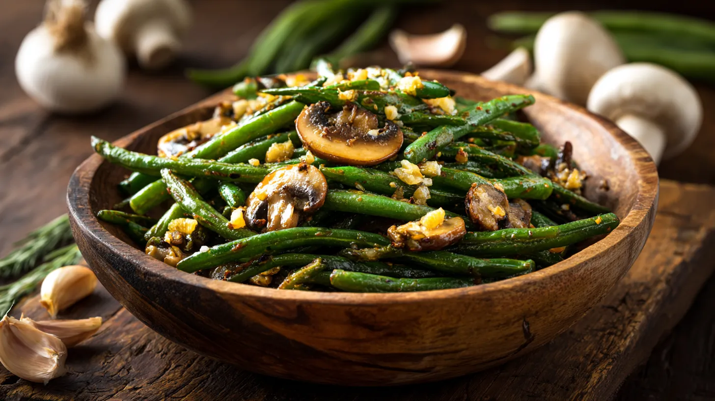 Garlic butter sautéed green beans and mushrooms featured dish