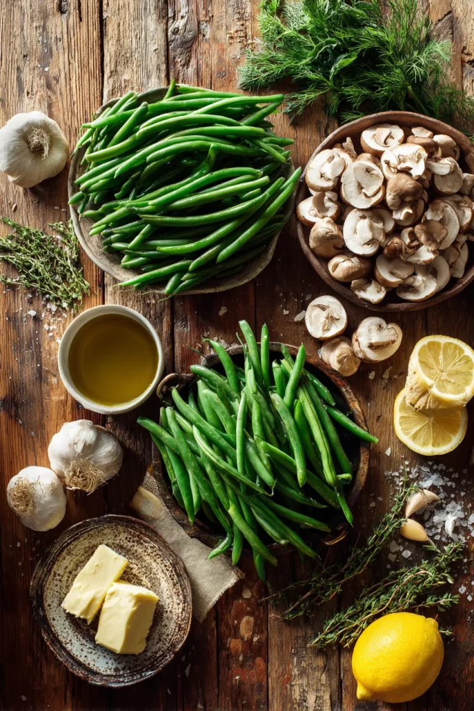 Fresh ingredients for garlic butter sautéed green beans and mushrooms  