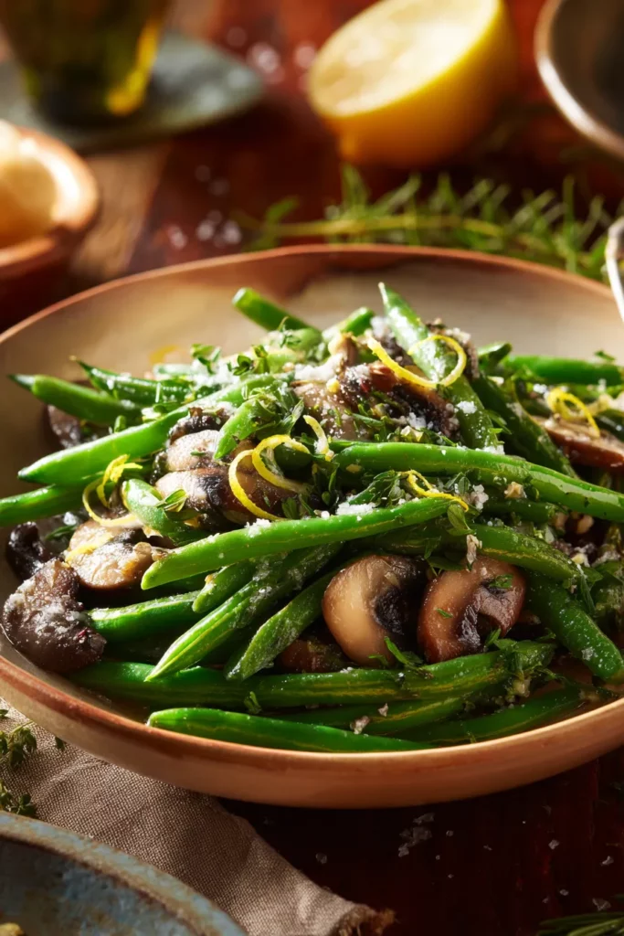 Served garlic butter sautéed green beans and mushrooms side dish  