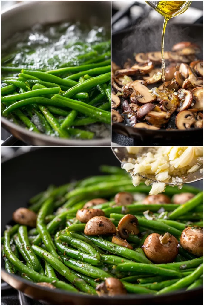 Step-by-step process of garlic butter sautéed green beans and mushrooms  