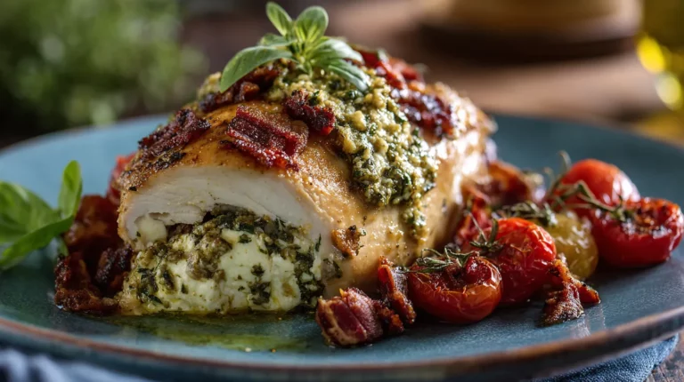 Sun-Dried Tomato and Ricotta Stuffed Chicken with Basil Pesto: The Ultimate Recipe for a Sizable Family Dinner 6 Sun-Dried Tomato and Ricotta Stuffed Chicken gourmet presentation
