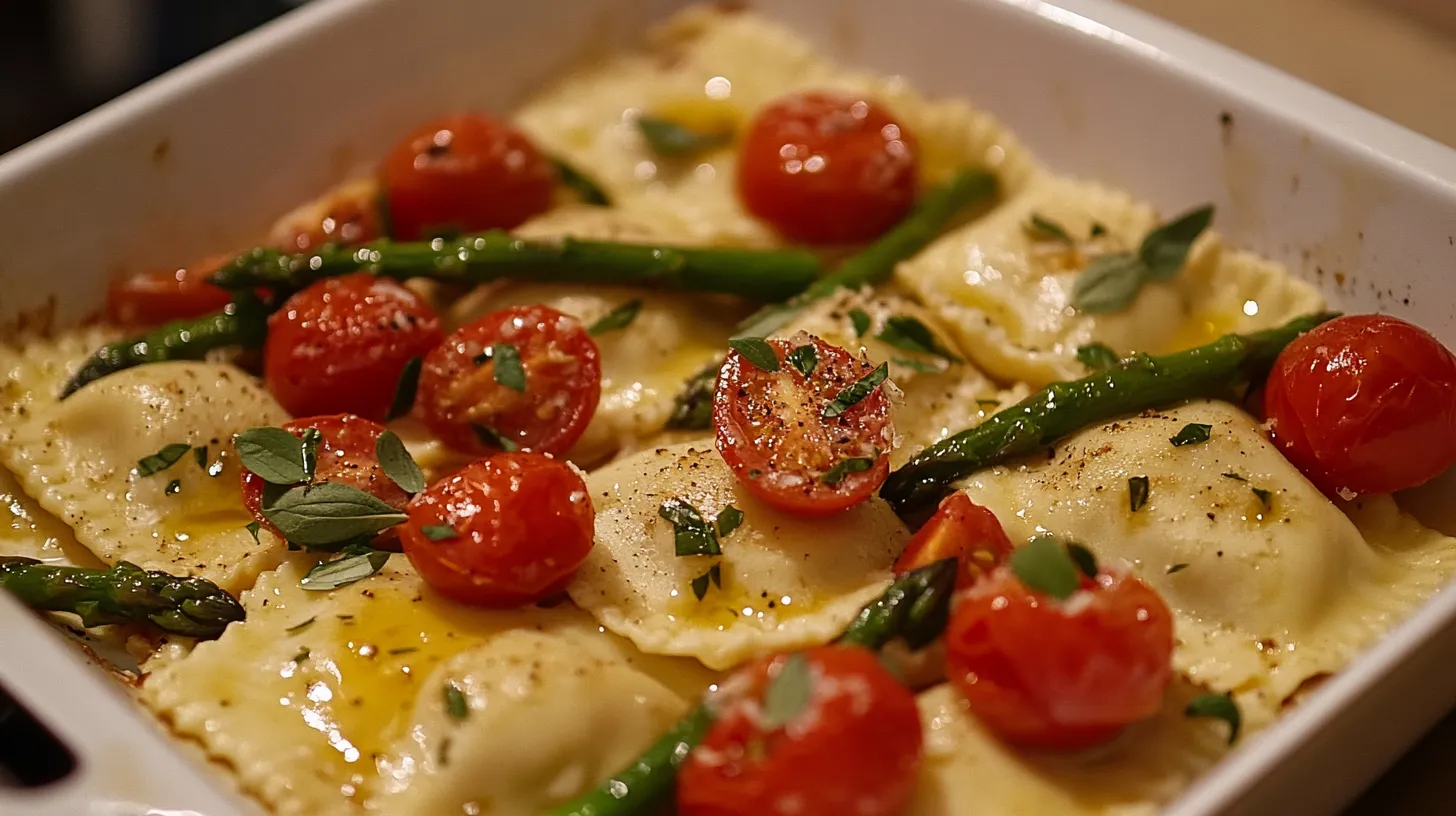 Ravioli with Tomatoes Asparagus Garlic and Herbs