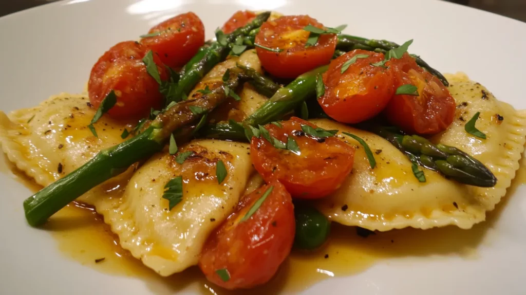 Ravioli with Tomatoes Asparagus Garlic and Herbs