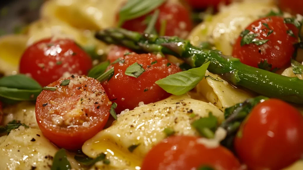 Ravioli with Tomatoes Asparagus Garlic and Herbs