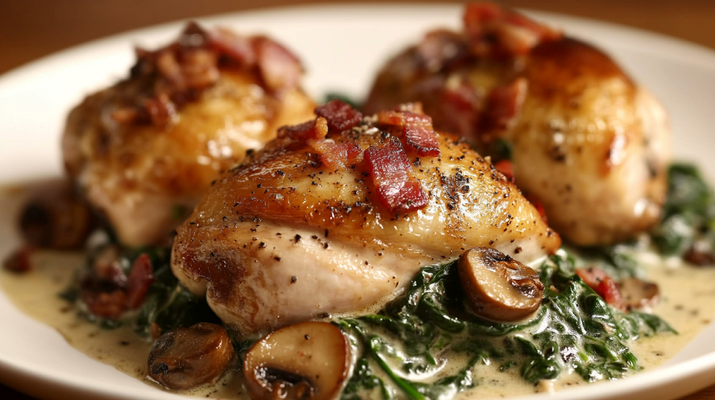 Smothered Chicken with Creamed Spinach, Bacon, and Mushrooms