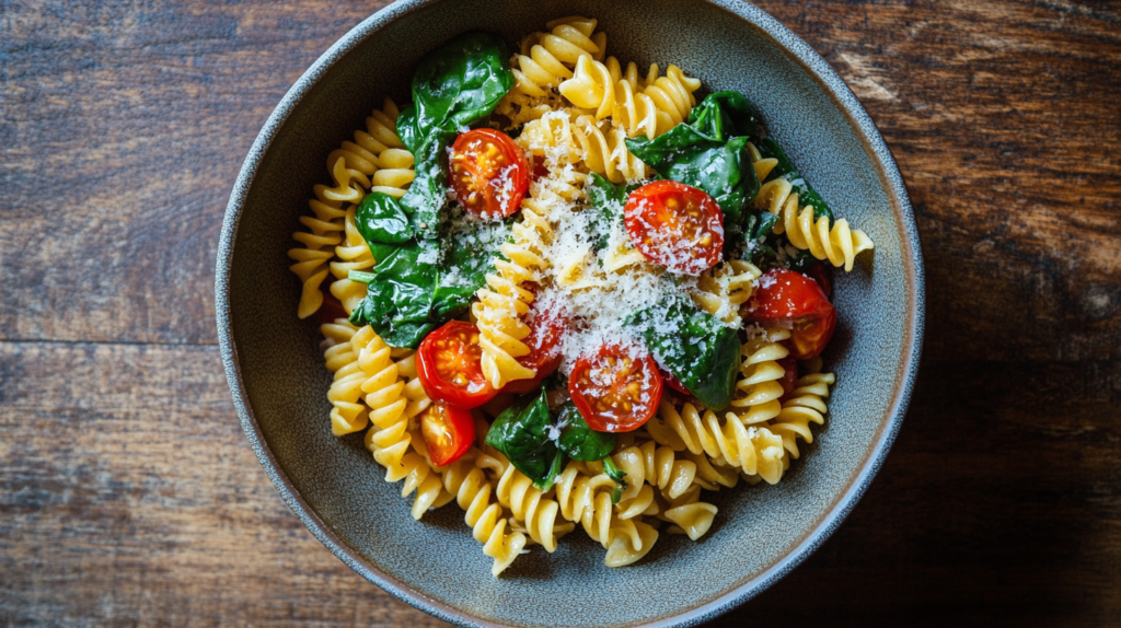 Pasta with Cherry Tomatoes Spinach Garlic and Parmesan