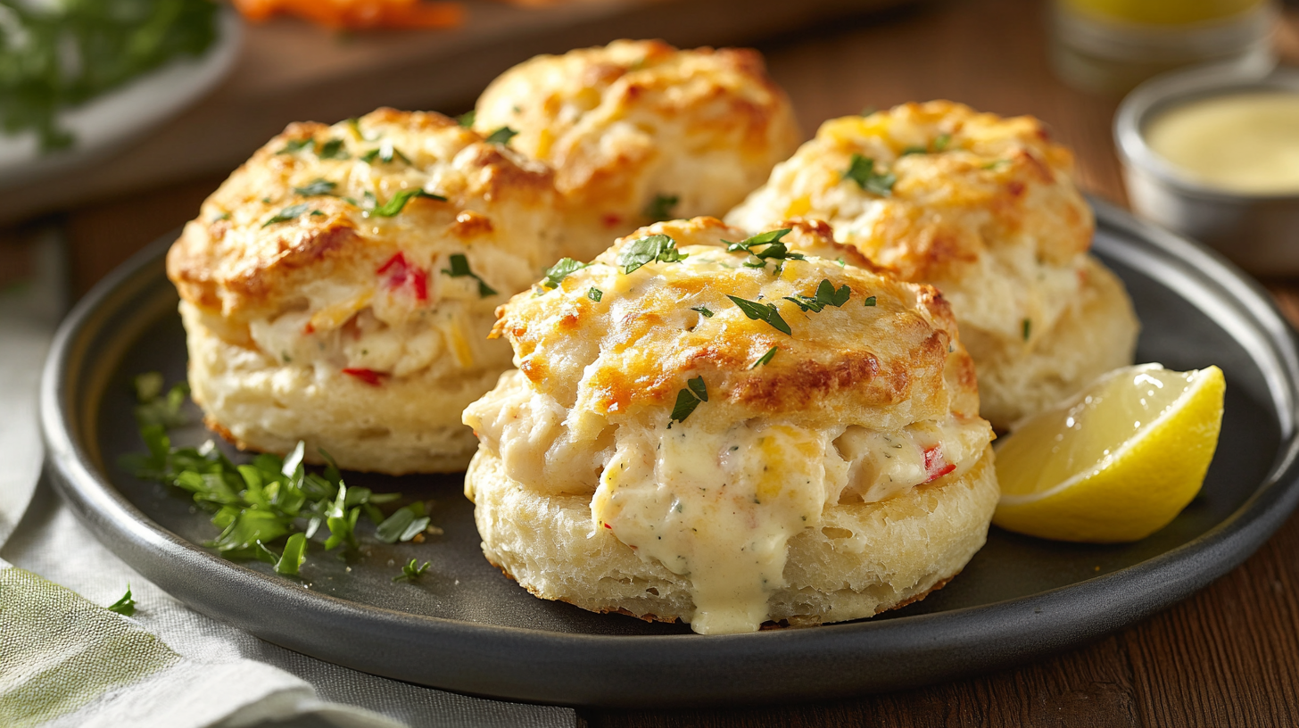 Crab Stuffed Cheddar Bay Biscuits with Lemon Butter Sauce