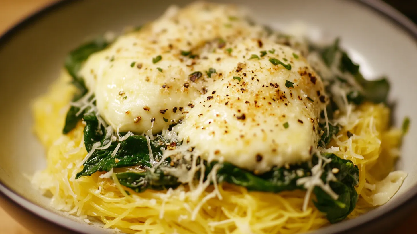 Garlic Parmesan Roasted Spaghetti Squash with Spinach and Mozzarella