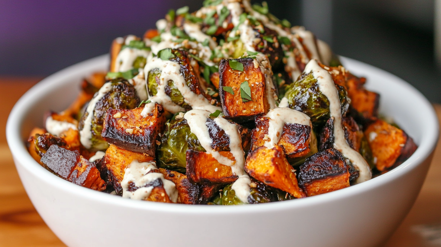 Crispy Brussels Sprouts with Sweet Potato and Creamy Tahini Sauce