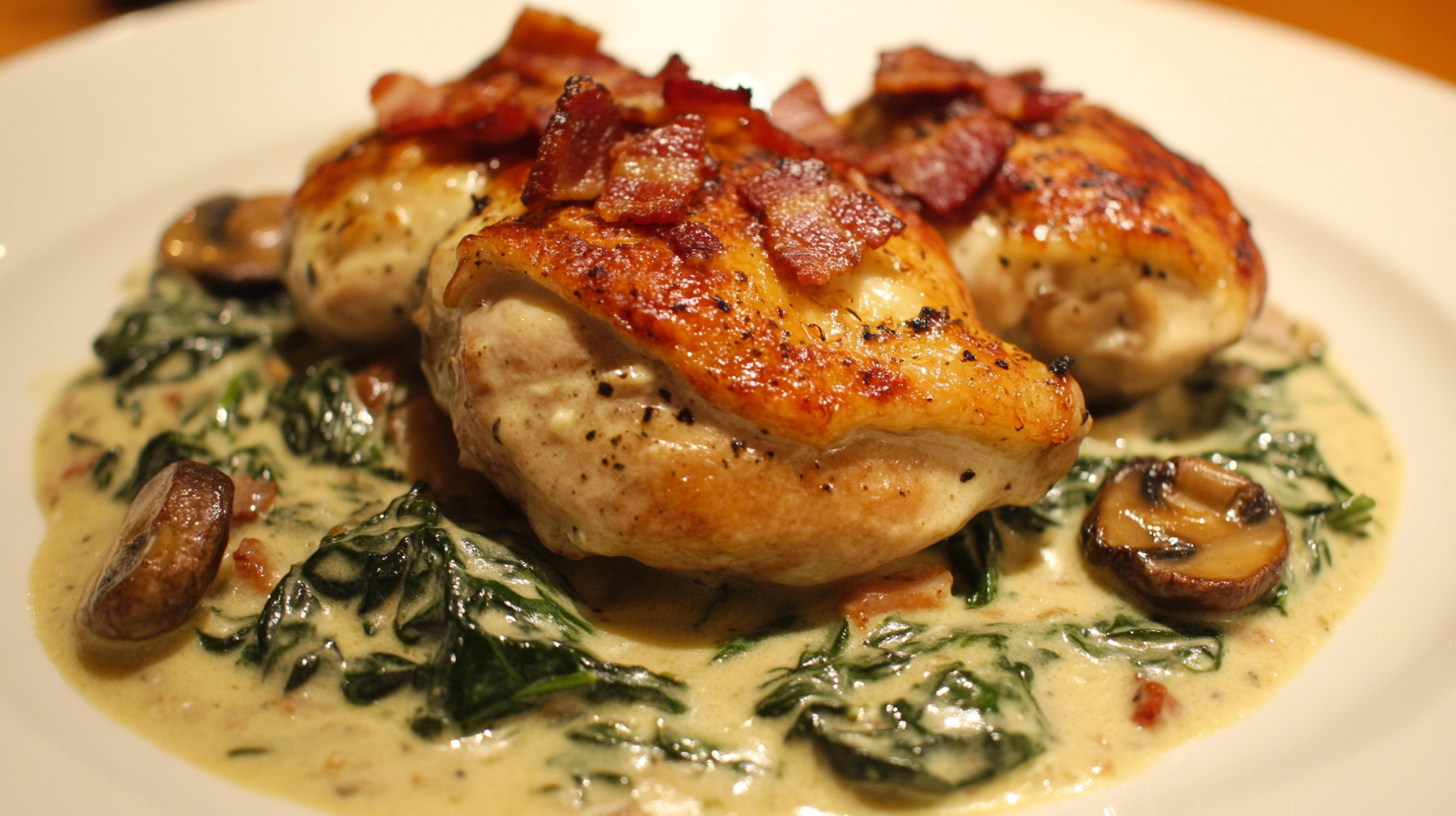 Smothered Chicken with Creamed Spinach, Bacon, and Mushrooms