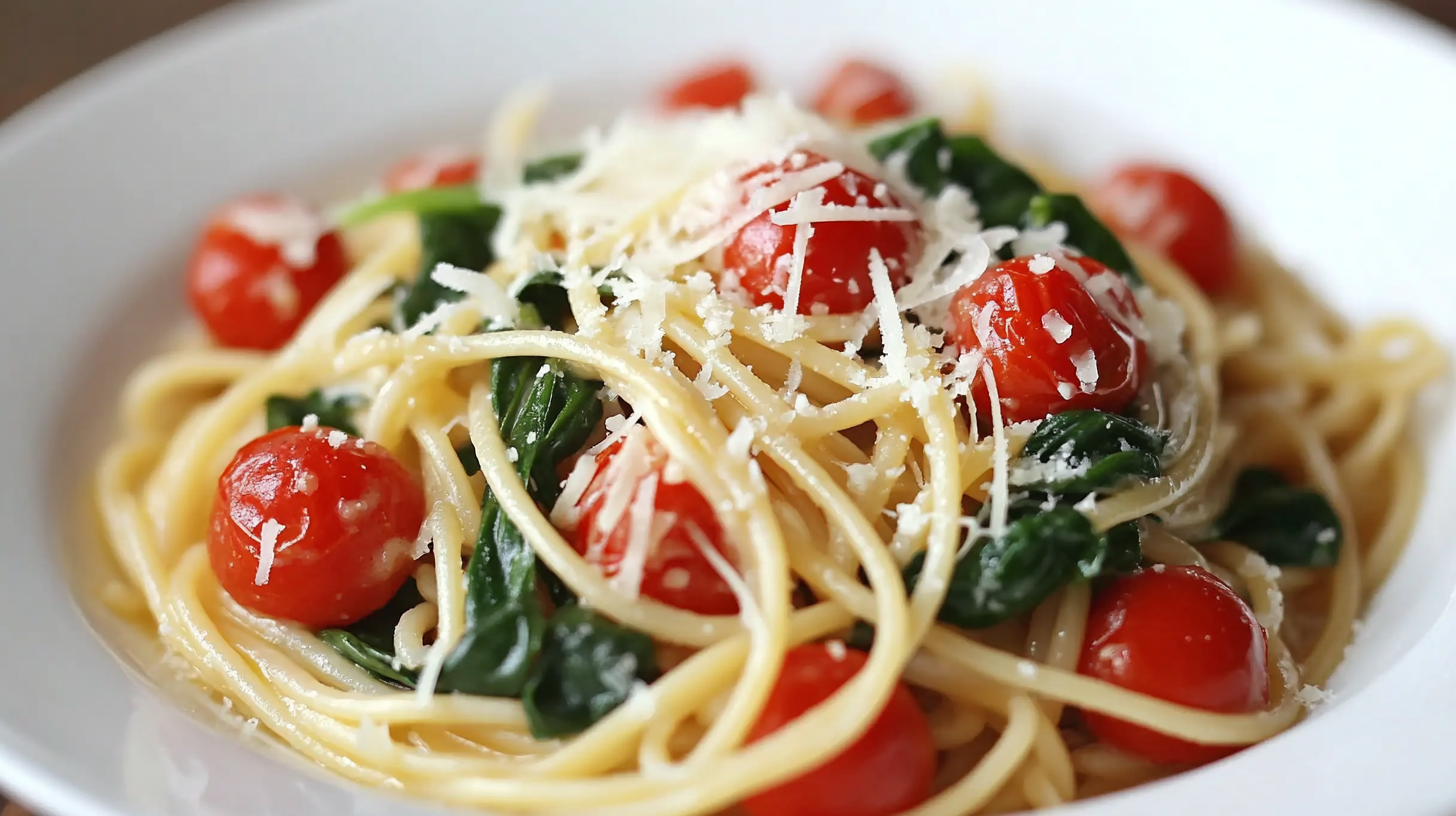 Pasta with Cherry Tomatoes Spinach Garlic and Parmesan