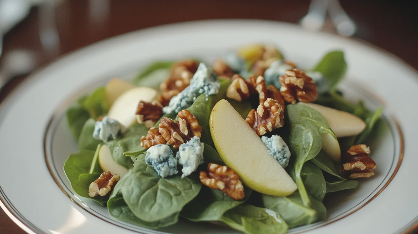 Indulge in a vibrant Apple and Spinach Salad with blue cheese, toasted walnuts, and balsamic vinaigrette – a perfect blend of crisp, creamy, and tangy flavors.