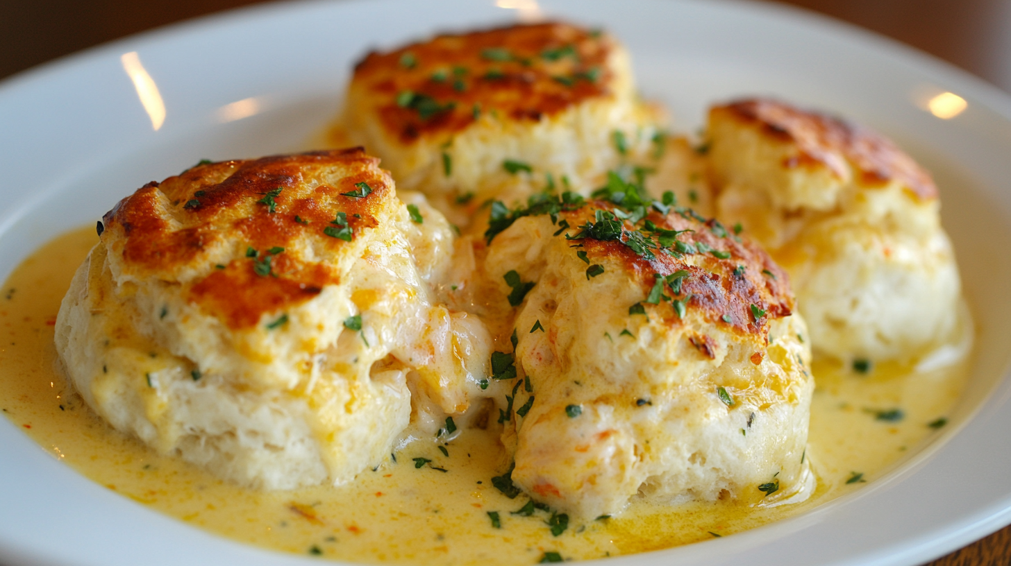 Crab Stuffed Cheddar Bay Biscuits with Lemon Butter Sauce